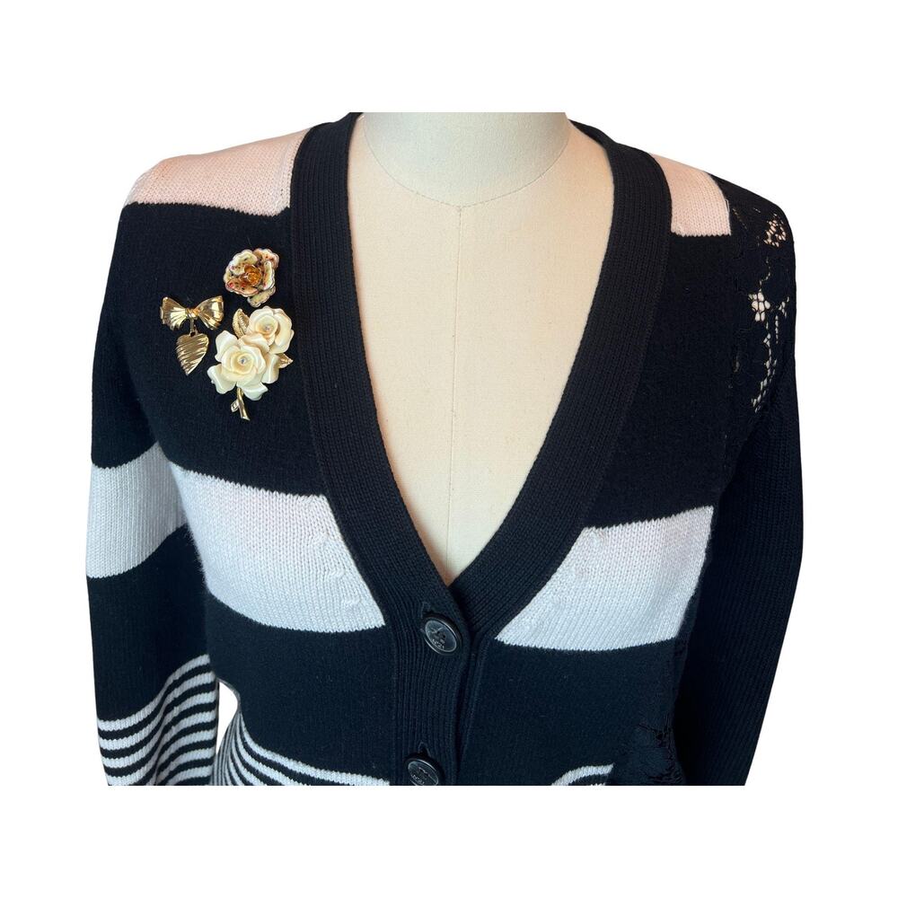 Womens Upcycled Striped Cotton Cardigan with Lace and Vintage Pins, Size S